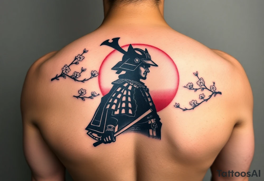noble samurai warrior silhouette at sunset with cherry blossoms tattoo idea