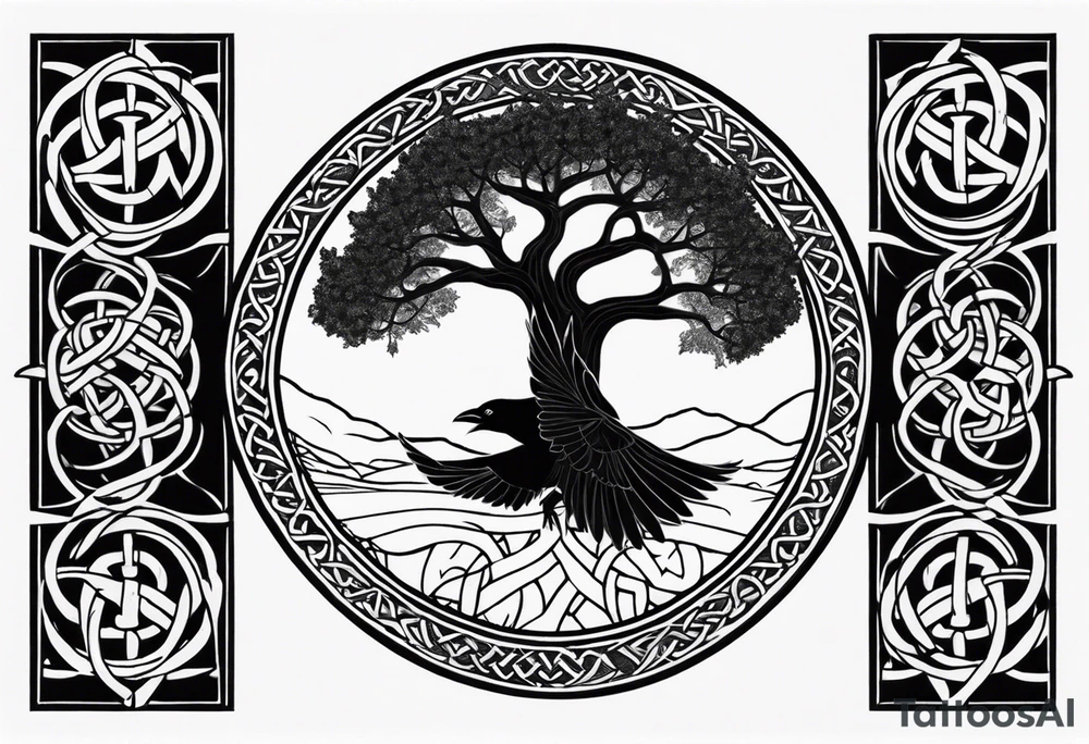 world tree with a raven and knotwork sleeve tattoo tattoo idea
