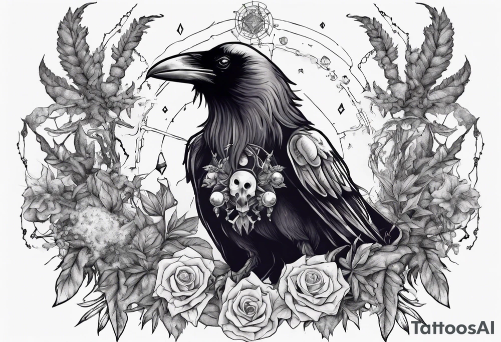 Demon crowned raven surrounded by poisonous plants, crystals and astrology. tattoo idea