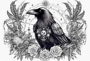 Demon crowned raven surrounded by poisonous plants, crystals and astrology. tattoo idea