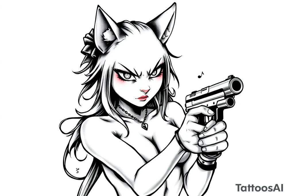 naked catgirl, slut, angry, anime, holding gun tattoo idea