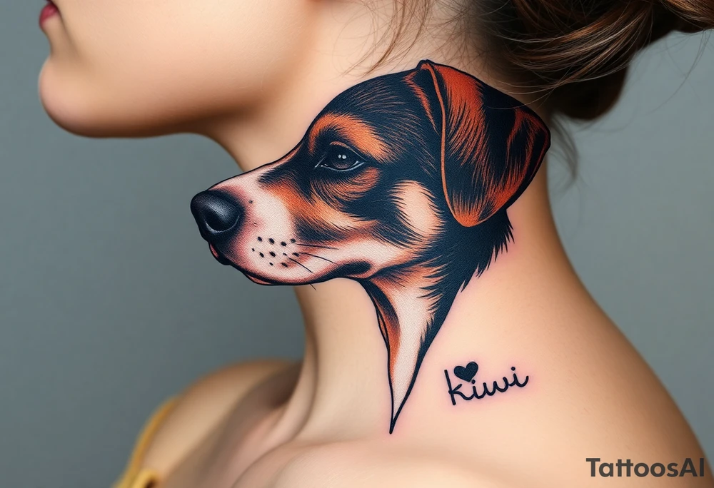 One line tattoo of female dog with white strip going up dog’s snout slightly off centered. Brown brindled and the dogs tongue slightly out with  the name kiwi and Just the colors black  white brown with a small heart near by tattoo idea