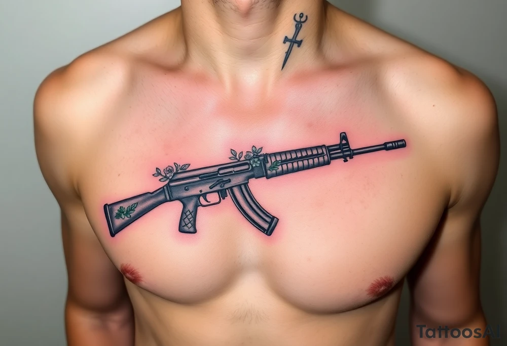 ak 47 black silhouette with floreal details tattoo idea