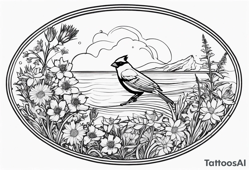 Oval shape with sea rocket and aster flowers with a small cardinal room in the center for a signature less ornate make the cardinal smaller and leave the center empty tattoo idea