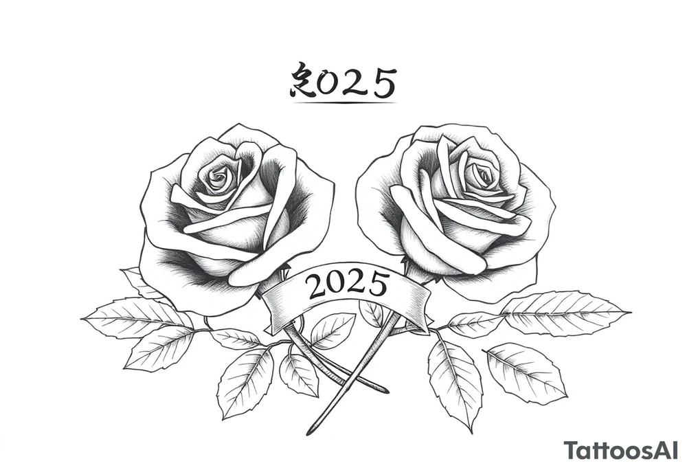 two beautiful rose buds, with many leaves and stems intertwined, representing two people in love. Include a small banner with "2025" on it.  The word "Rose" written in Kanji above the drawing. tattoo idea