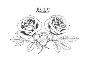 two beautiful rose buds, with many leaves and stems intertwined, representing two people in love. Include a small banner with "2025" on it.  The word "Rose" written in Kanji above the drawing. tattoo idea