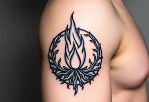 flame in a blooming roots circle tattoo idea