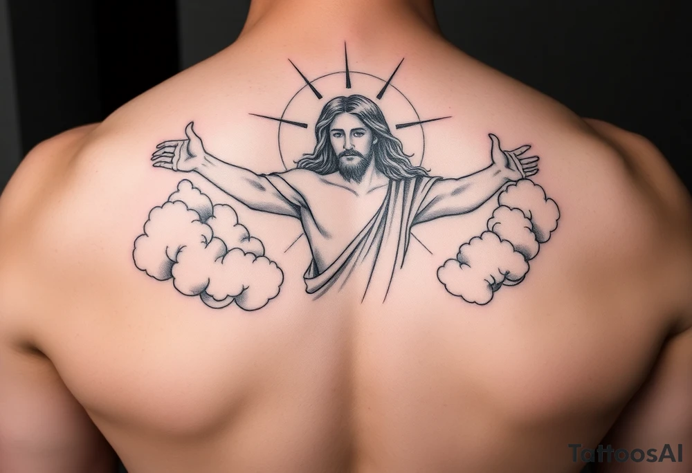 magestic christ with clouds black and white tattoo idea