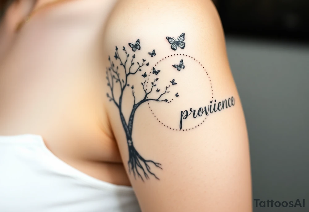 minimalistic tree of life that’s roots come out at bottom and make a dotted circle around the tree and have butterflies coming out of circle on top right and then the word “providence” curved around the right outside of the circle tattoo idea