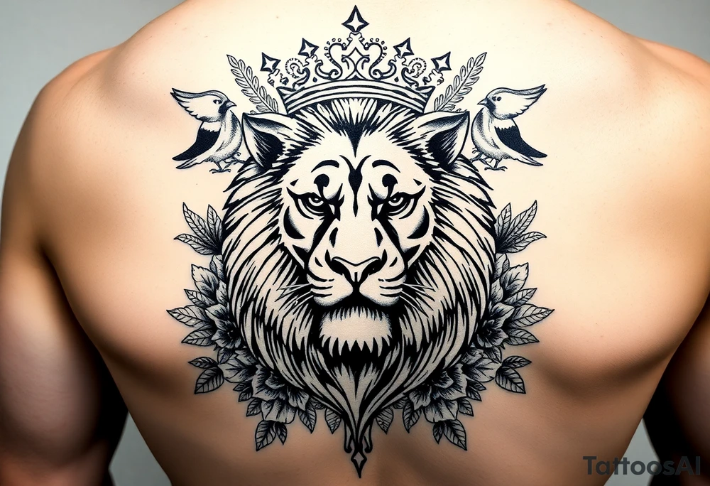 powerful majestic lion with a crown, surrounded by floral ornaments and birds tattoo idea