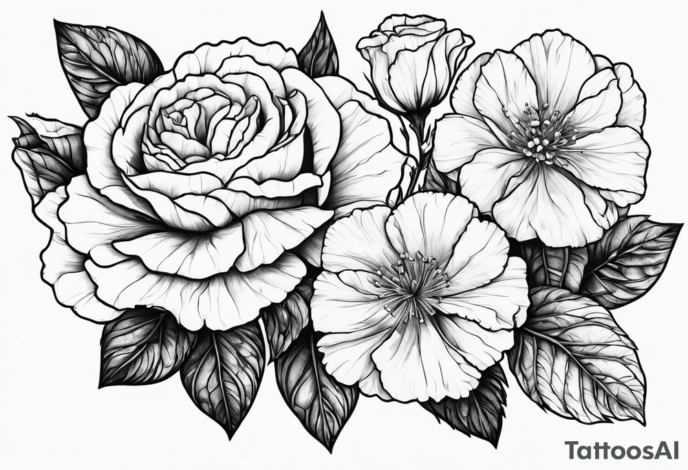 Flower heads of primrose 2 carnation and rose together tattoo idea