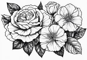 Flower heads of primrose 2 carnation and rose together tattoo idea