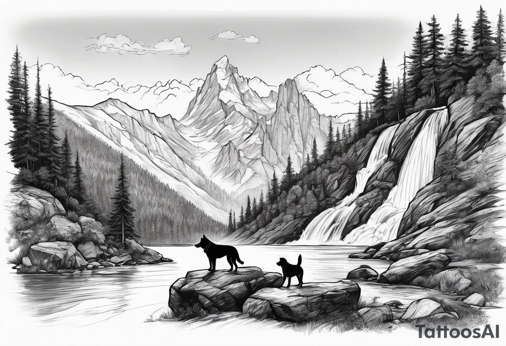 father son hiking with their dog and cat in the mountains, nature, waterfall, rive tattoo idea