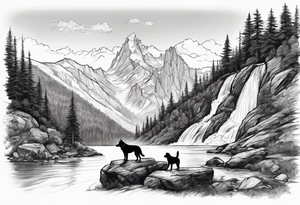 father son hiking with their dog and cat in the mountains, nature, waterfall, rive tattoo idea