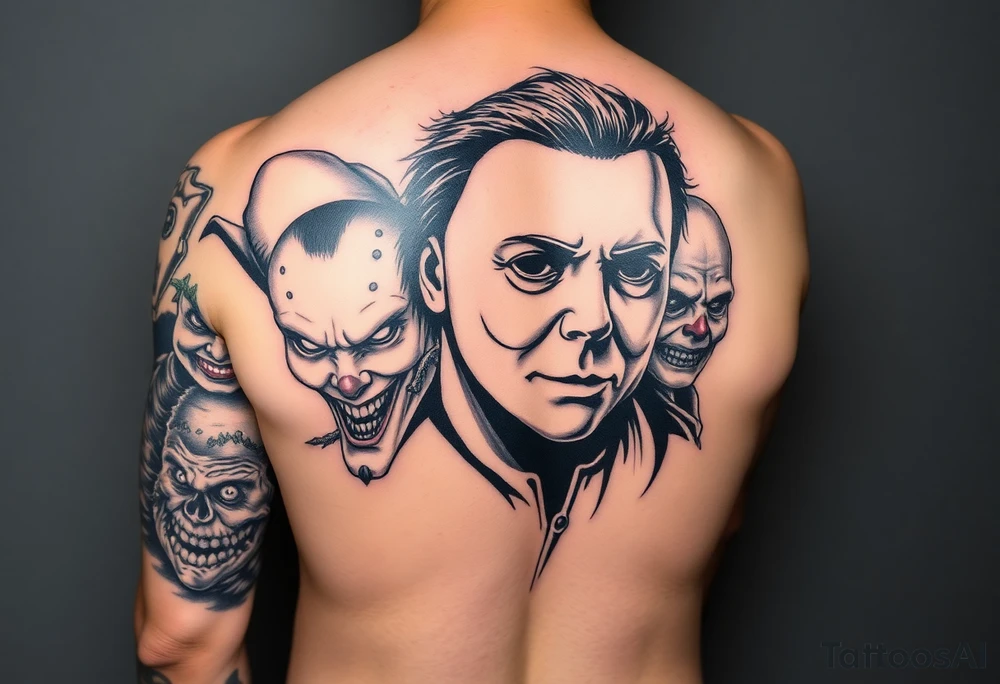 Left arm sleeve. Michael Myers is the largest and main focal point. It should have the other horror characters like Jason, Freddy, the clown from saw, sam, the leprechaun,  chuckie, pin head, art the clown, leather face penny wise. tattoo idea