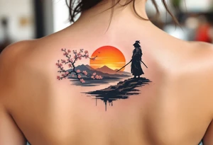 noble samurai warrior silhouette at sunset with cherry blossoms tattoo idea