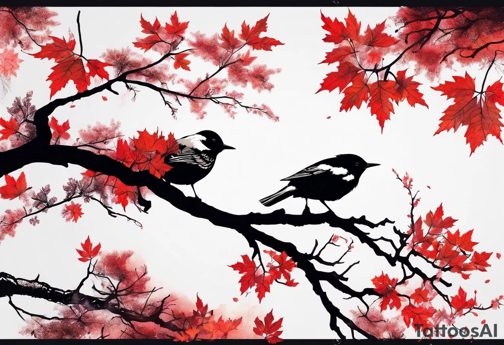 trash polka style. Arm tattoo. chest tattoo. Long tattoo. large tattoo. Full sleeve. Shoulder. A single large maple tree with red autumn leaves that branches upwards from wrist to shoulder. White-throated dipper bird on the trees branches. Calluna flowers at the base of the trees stem. Tree stem has dark colors. Red/yellow sunset behind the trees stem. Leaves falling. tattoo idea