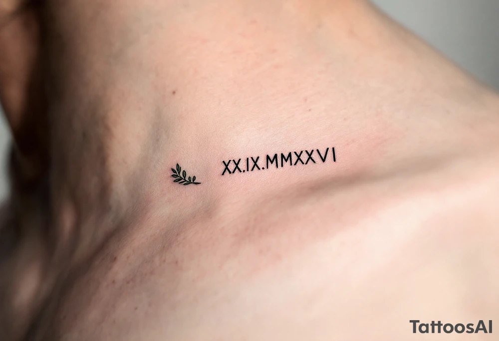 XX.IX.MMXVI in clean black script under the collarbone, paired with laurel leaf outlines in olive green tattoo idea