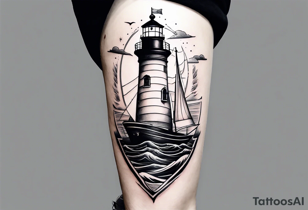 maritime lighthouse in a front view sailboat serving as a mast for a sail. tattoo idea