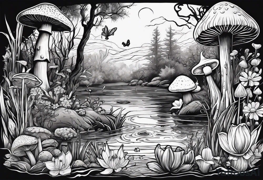 A swamp that has cypress trees, mushrooms, wild flowers, lily pads, frogs, and bugs with a mermaid in the background that is singing music. tattoo idea