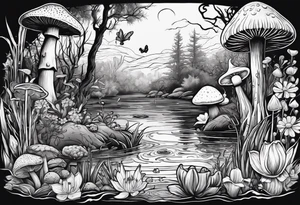 A swamp that has cypress trees, mushrooms, wild flowers, lily pads, frogs, and bugs with a mermaid in the background that is singing music. tattoo idea