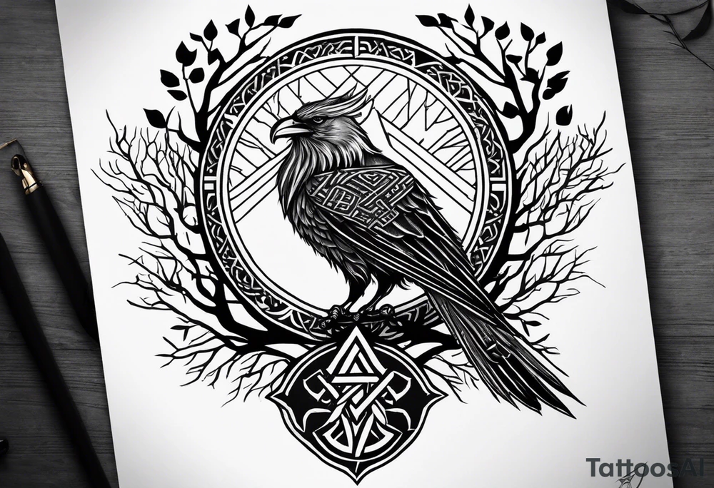 Viking design tattoo to go down the upper arm, so long and thin.
 Vegvisir on top of a raven with its wings outstretched, below it a Viking valknut symbol intertwined beneath it a tree if life design tattoo idea