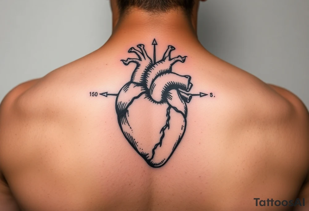 woodcut realistic heart etching tattoo high detail anatomy with lines coming off of it like a nautical compass tattoo idea