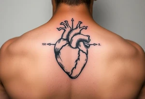 woodcut realistic heart etching tattoo high detail anatomy with lines coming off of it like a nautical compass tattoo idea
