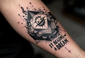 Tattoo inspired in the creativity of a gifted brain, with few watercolor details but mostly black, with words and musical symbols flying arround, with the phrase "It begins with a dream" tattoo idea