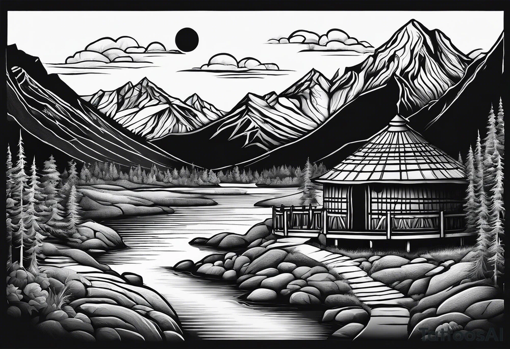 mountains, road, lake, yurt, sun tattoo idea