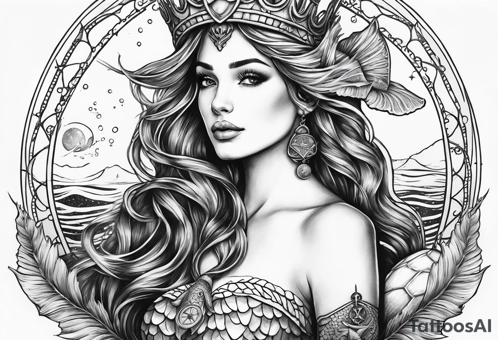 Full Mermaid with trident and crown, sea turtle, compass, cresent moon tattoo idea