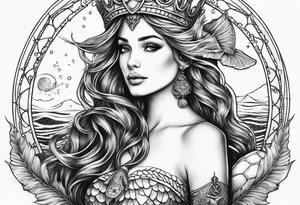 Full Mermaid with trident and crown, sea turtle, compass, cresent moon tattoo idea