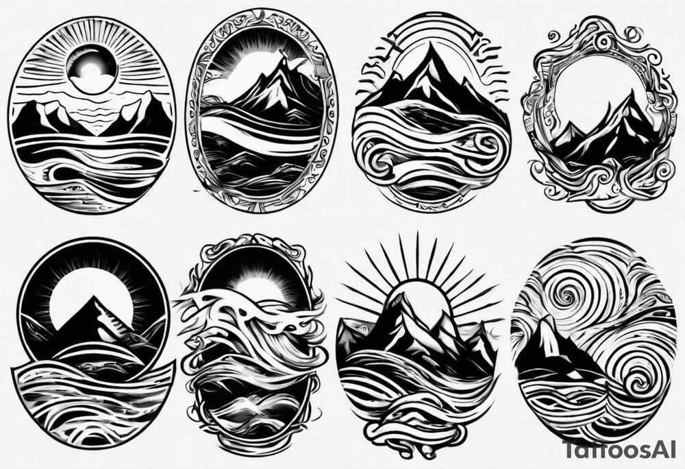 sleeve, mountains, waves, sun tattoo idea