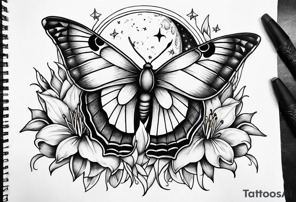 Moon and stars with a moth and Lillies tattoo idea