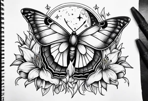Moon and stars with a moth and Lillies tattoo idea