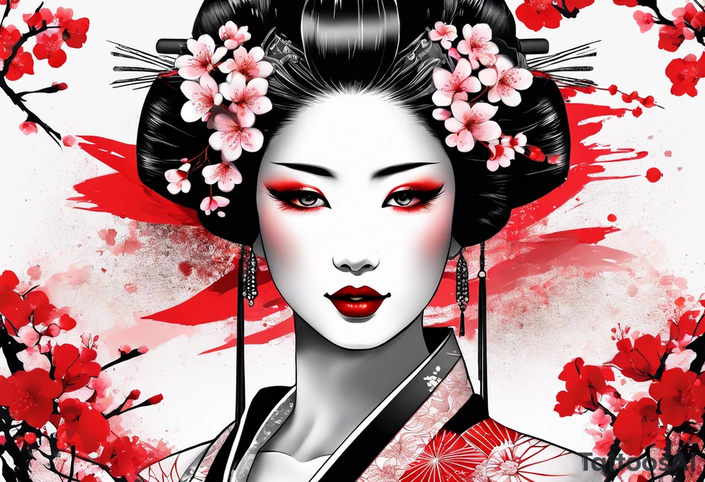 trash polka cyber geisha red sun cherry blossoms tattoo idea