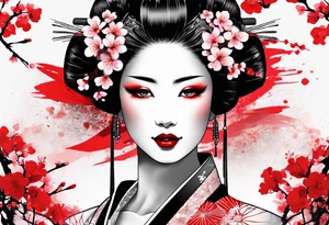 trash polka cyber geisha red sun cherry blossoms tattoo idea