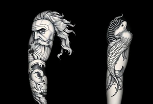 Full left arm tattoo sleeve with the Greek gods, Zeus. Zeus' face is at the left shoulder, and the Corinthian at the bicep. On the Left forearem will have Japanese style waves with Koi fish tattoo idea