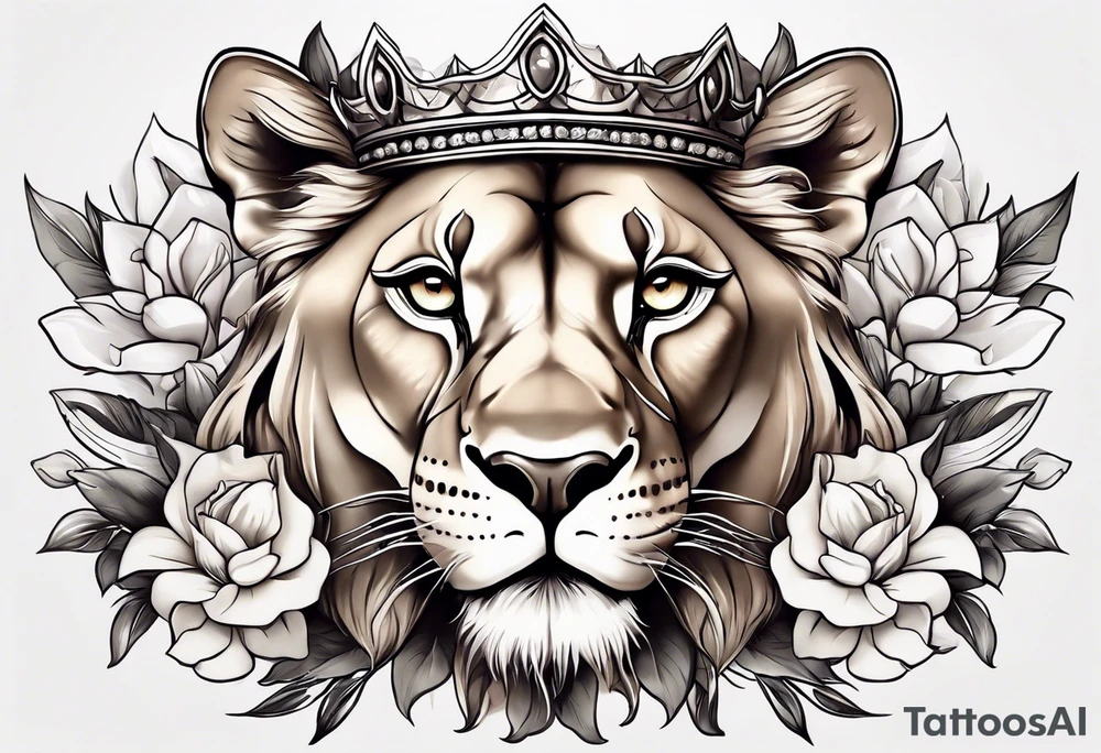 Lioness with money crown and lilies tattoo idea