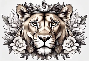 Lioness with money crown and lilies tattoo idea