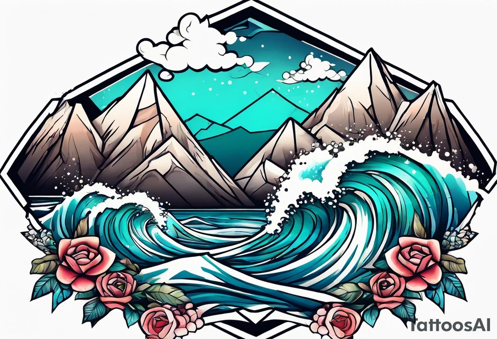 Mountains and big ocean waves  crashing diamond shape tattoo idea