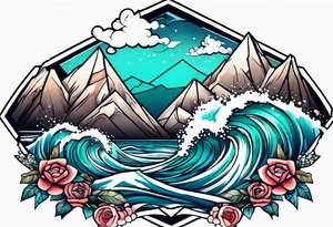 Mountains and big ocean waves  crashing diamond shape tattoo idea
