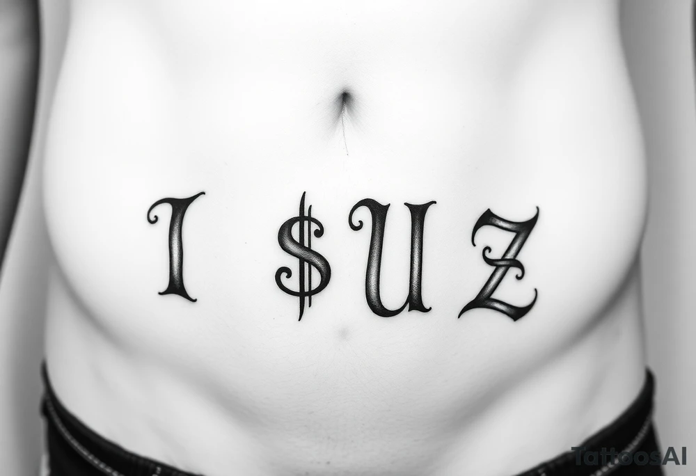 It'll be a large tattoo cross my stomach kind of arched like the old white trash tattoos you'd see like in the 90s. The word it's going to be I S $ U ə Z the second s is going to be money signed backwards the E is going to be backwards and kind of tilted more like like the Internet Explorer e or maybe it's Intel or something like that these going to be lowercase and backwards kind of tilted and I want to be ours like going up and over the belly button kind of or maybe taking up like a larger area but like arched as well as the lowercase e backwards tilted and only one of the s's is going to be the backwards money sign tattoo idea