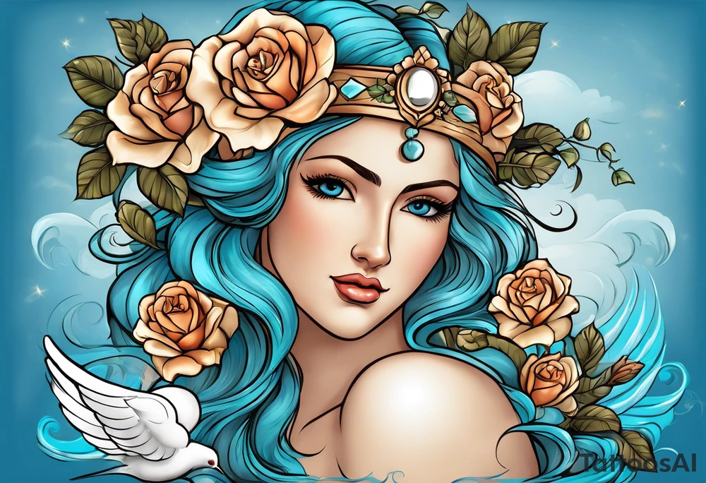 Portrait of Aphrodite: A face or full-length image of the goddess, often in a realistic style, perhaps decorated with flowers, seashells, or doves.rose, doves, shells and a mirror in his hand. background sea, blue roses frames,, romantic,A boy with wings and a bow, cupido tattoo idea