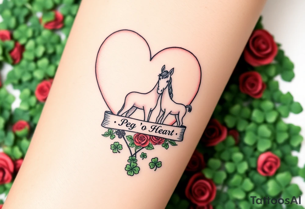 a big pale pink heart and a mare and a colt in a huge patch of green shamrocks, and red roses with a banner across the heart that says Peg 'o My Heart tattoo idea