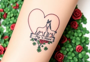 a big pale pink heart and a mare and a colt in a huge patch of green shamrocks, and red roses with a banner across the heart that says Peg 'o My Heart tattoo idea
