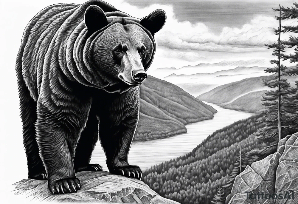 Large thigh tattoo, realism, black and white, black bear with the new river gorge in the background tattoo idea