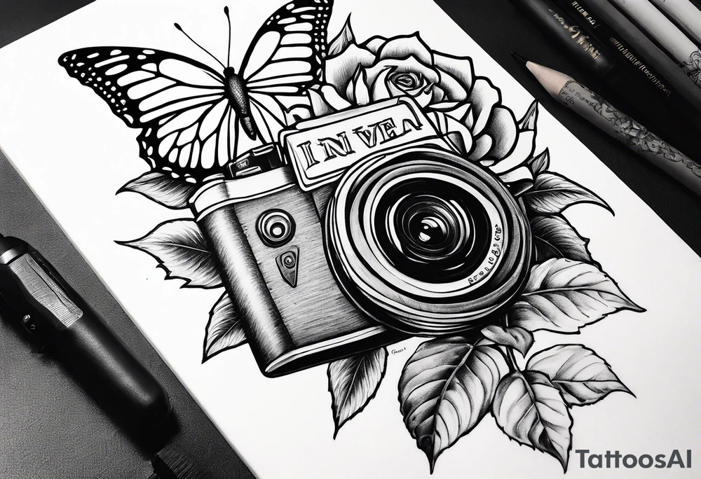 Book, sunflower, camera, butterfly, flower rose tattoo idea