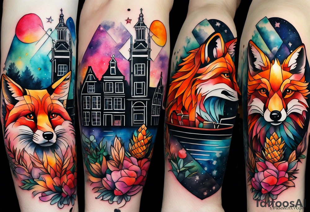 Arm tattoo, Animals, birds, stag, fox, watercolour of animals made from glass in Amsterdam featuring Amsterdam buildings and Amsterdam canal in galaxy colours featuring pineapples as space colours tattoo idea