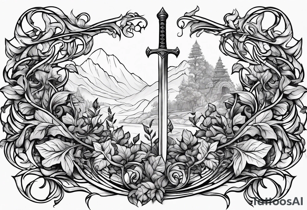 Leafy vines with sword tattoo idea
